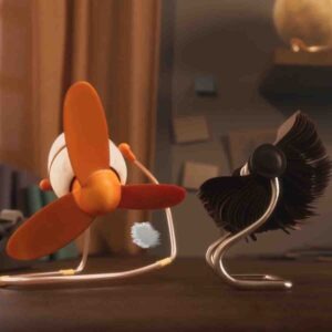 Two desk fans on a table.